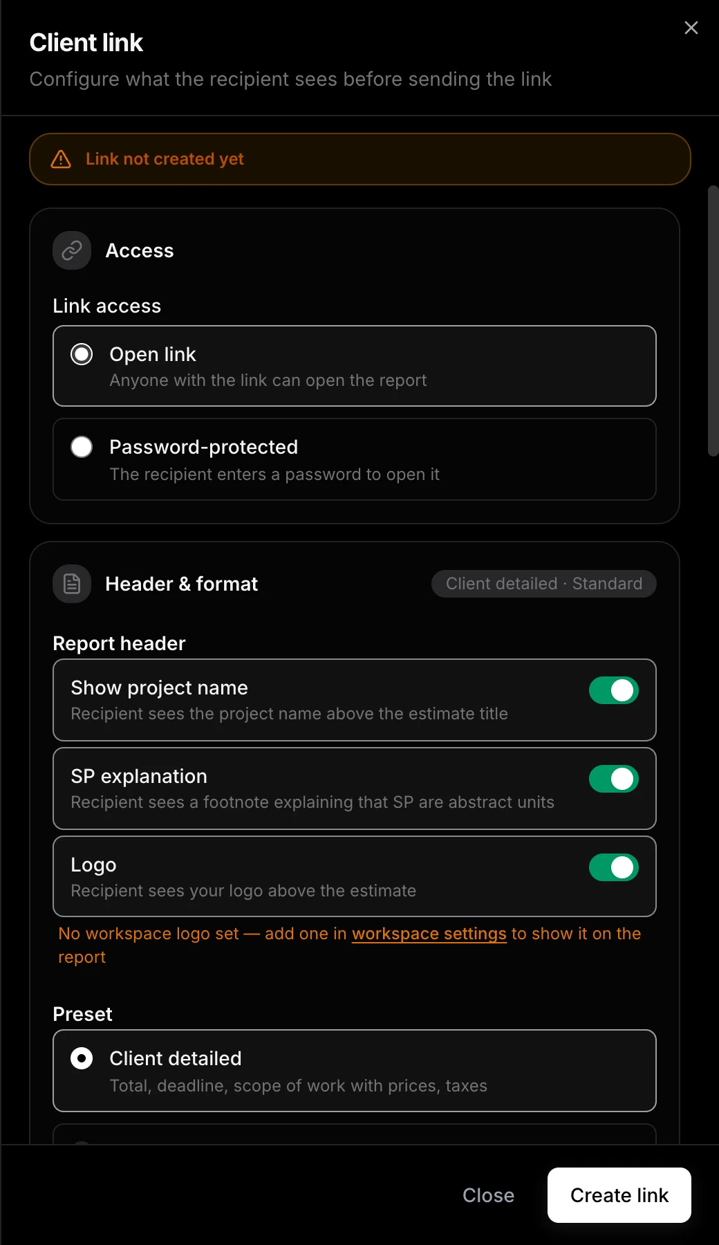 “Link created” modal: client link and password