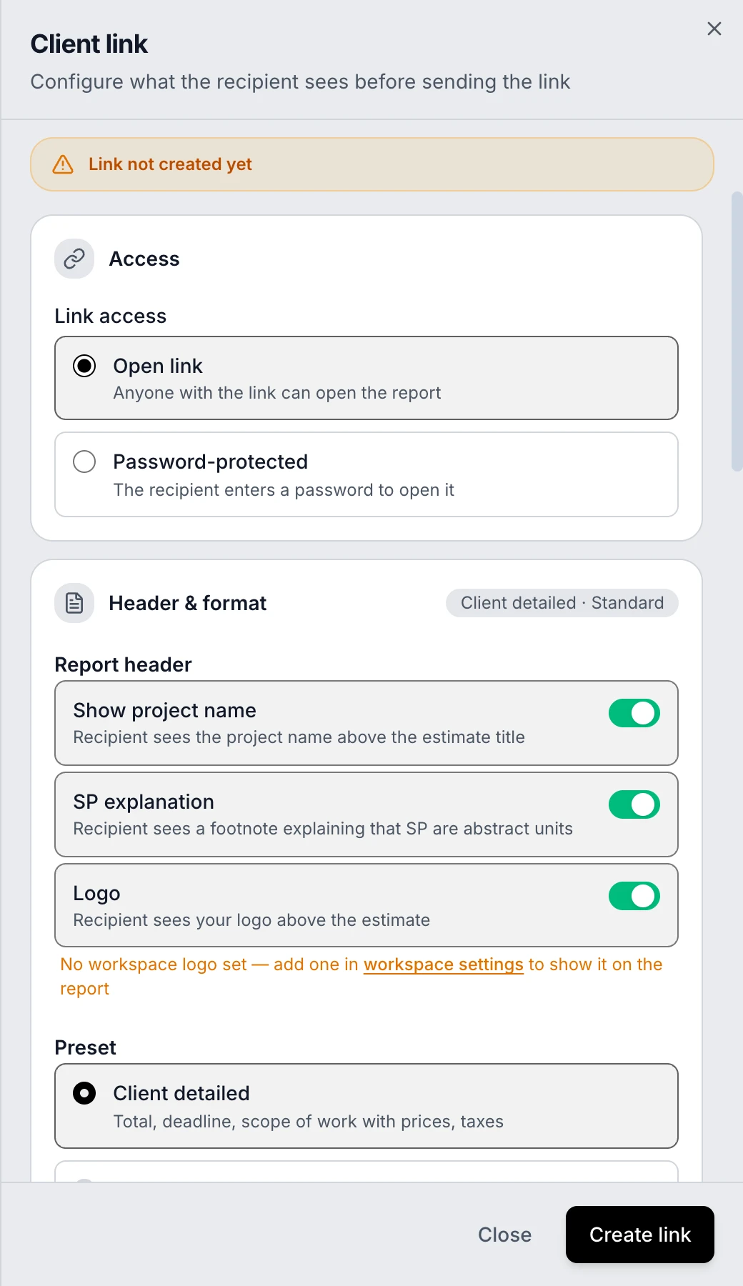 “Link created” modal: client link and password